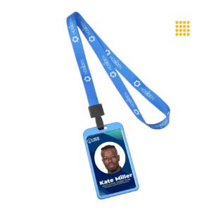 ID cards with company logos and employee photos