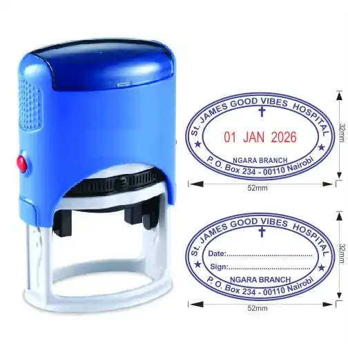 Oval Stamps customized with logos, names, and addresses; perfect for official marking, branding, or authentication on documents in offices and institutions.