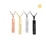 Bar necklaces customized with engraving—perfect for gifts, branding, or promotional giveaways. Available in gold, silver, or black finishes with names, logos, or dates.