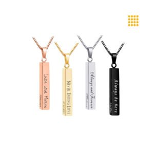 Bar necklaces customized with engraving—perfect for gifts, branding, or promotional giveaways. Available in gold, silver, or black finishes with names, logos, or dates.
