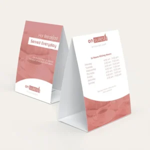 Table tents in Uganda designed for restaurants, events, and promotions—custom printed with menus, offers, or branding to enhance visibility and customer engagement.
