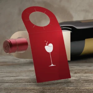 Bottleneck hang tags for wine bottles, juice, and beverages—custom die-cut designs printed in Uganda to enhance product branding and shelf appeal.