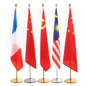 Office Flags branded with company logos for reception, boardroom, or conference display, available in table and pole sizes for professional corporate branding.