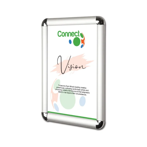 A2 Snapper Frames for displaying posters, offers, or branding visuals in shops, offices, and exhibitions, easy to open and change prints in Uganda.