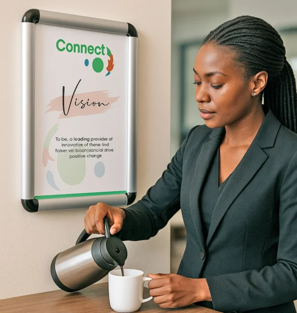 Branded Snapper Frames for displaying posters, offers, or branding visuals in shops, offices, and exhibitions, easy to open and change prints in Uganda.