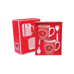 Love Couple Gift Mug Set with two matching mugs and spoons in a red gift box—perfect for romantic gifts, weddings, anniversaries, and Valentine’s Day in Uganda.