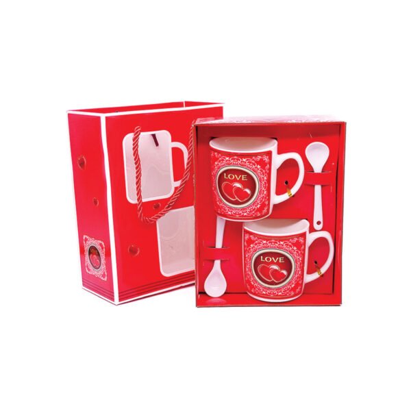 Love Couple Gift Mug Set with two matching mugs and spoons in a red gift box—perfect for romantic gifts, weddings, anniversaries, and Valentine’s Day in Uganda.