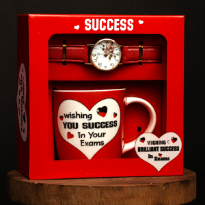 Exam Success Gift Set in Uganda with a red mug printed with “Wishing You Success in Your Exams” and a stylish wristwatch, beautifully packed in a red box—perfect for student gifts.