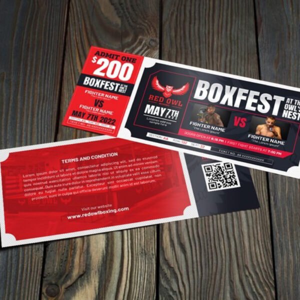 Boxing Festival Tickets printed with event branding, match lineup details, QR entry security and professional ticket design for sports events in Uganda.