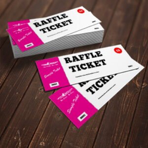 Raffle tickets printed with serial numbering, prize draw details, branding and secure ticket tear-off style for events and promotions in Uganda.