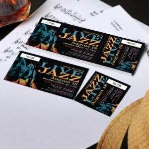 Live Jazz Tickets printed with music theme artwork, event branding, secure QR access and professional ticket layout for jazz concerts in Uganda.