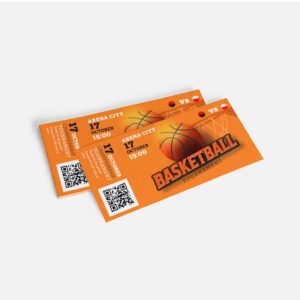 Basketball tickets printed with game details, tournament branding, secure numbering and QR access control for sports events in Uganda.