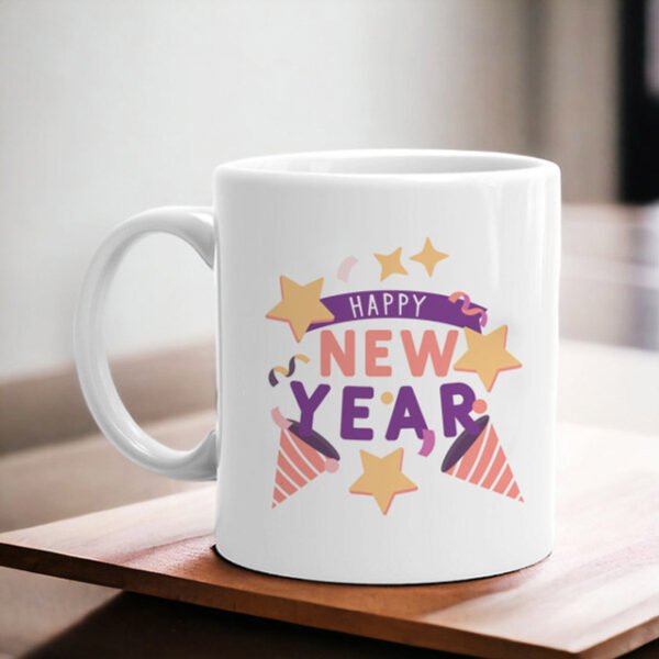 Happy New Year cups branded with festive artwork and customized print for gifting, celebrations, corporate giveaways and seasonal holiday marketing.