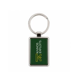 Rectangular metal keyholder with green epoxy resin insert and custom Kainos Exploits logo